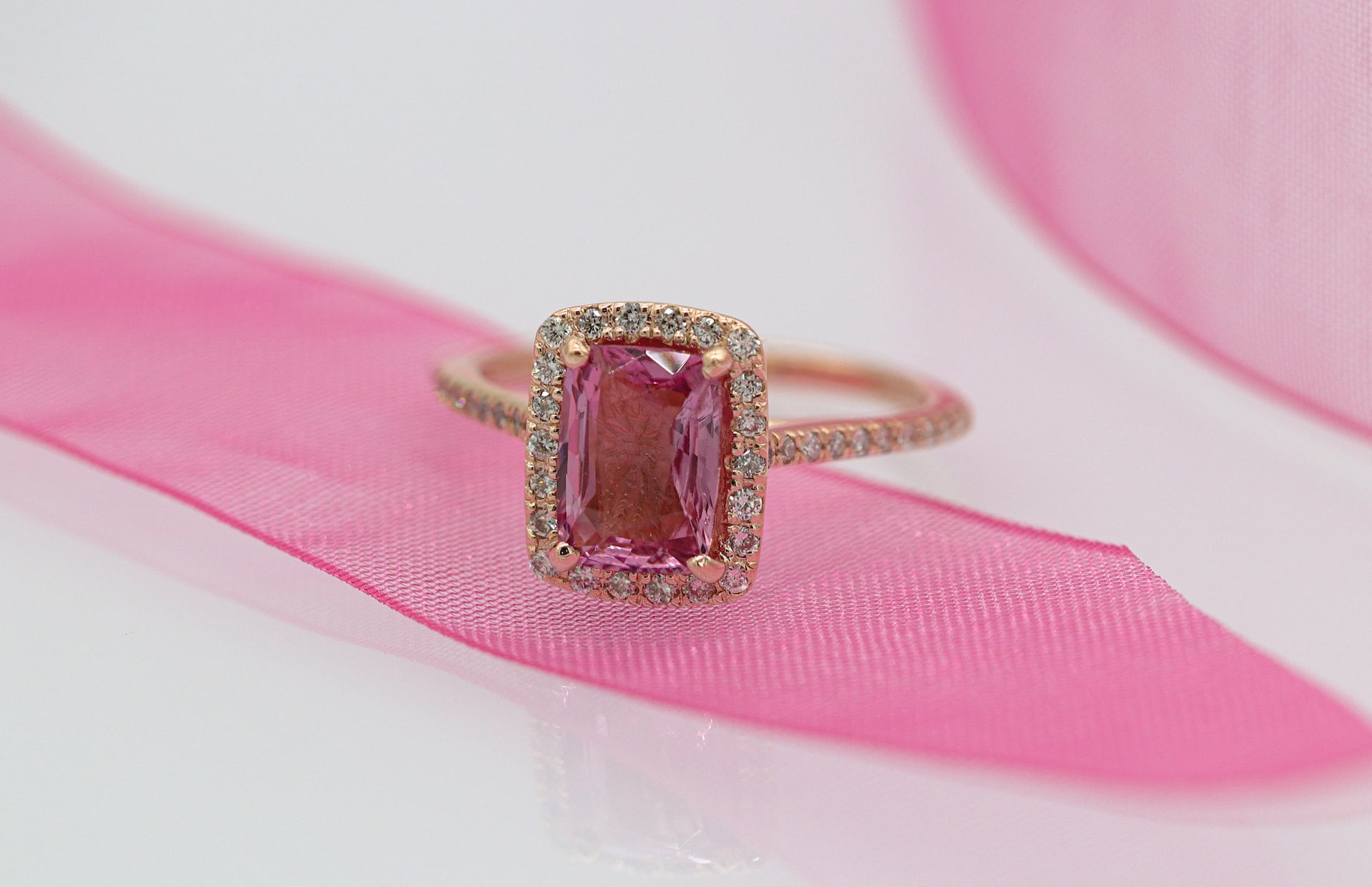 pink gemstone in rose gold ring