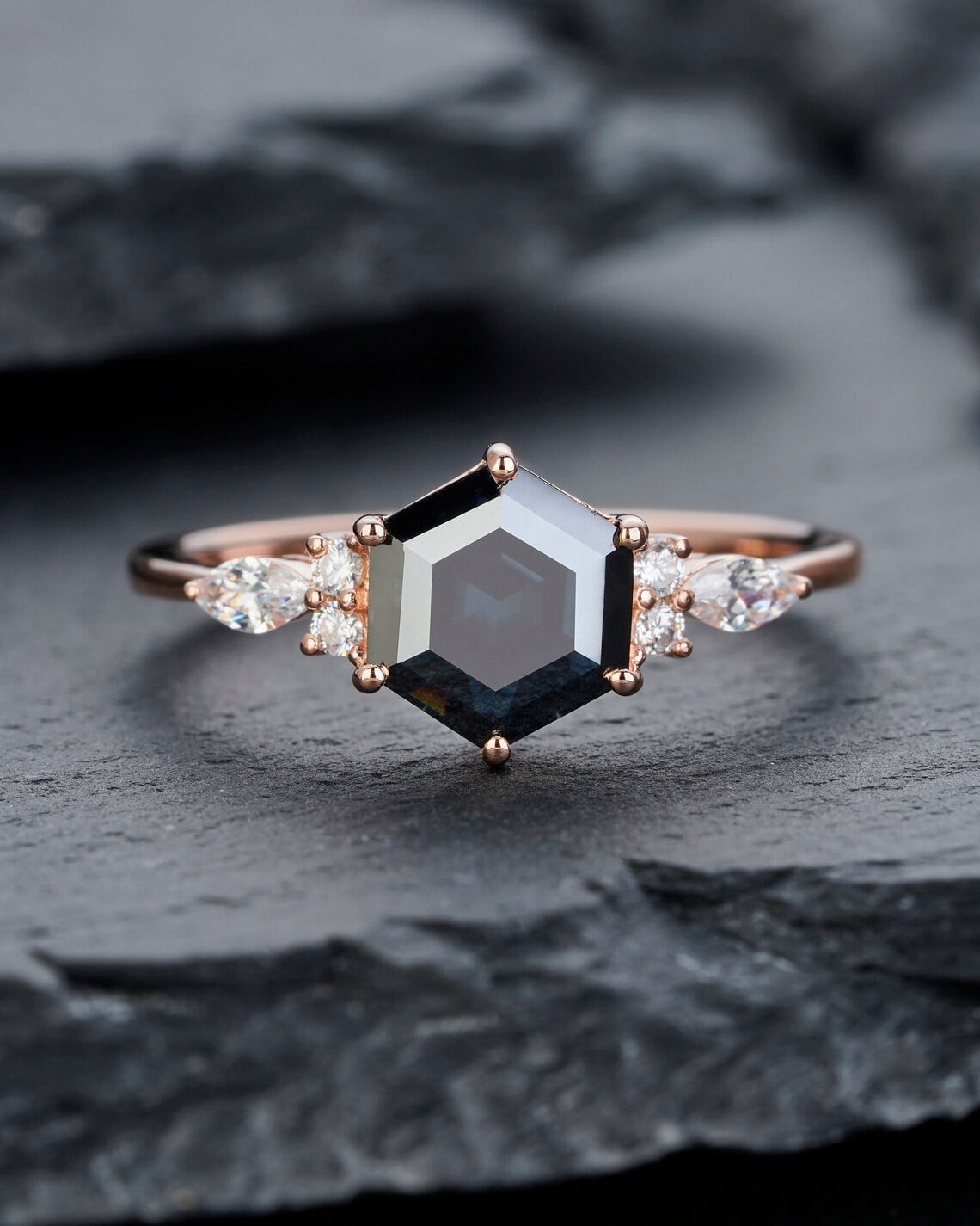 Hexagon Black Moissanite Engagement Ring