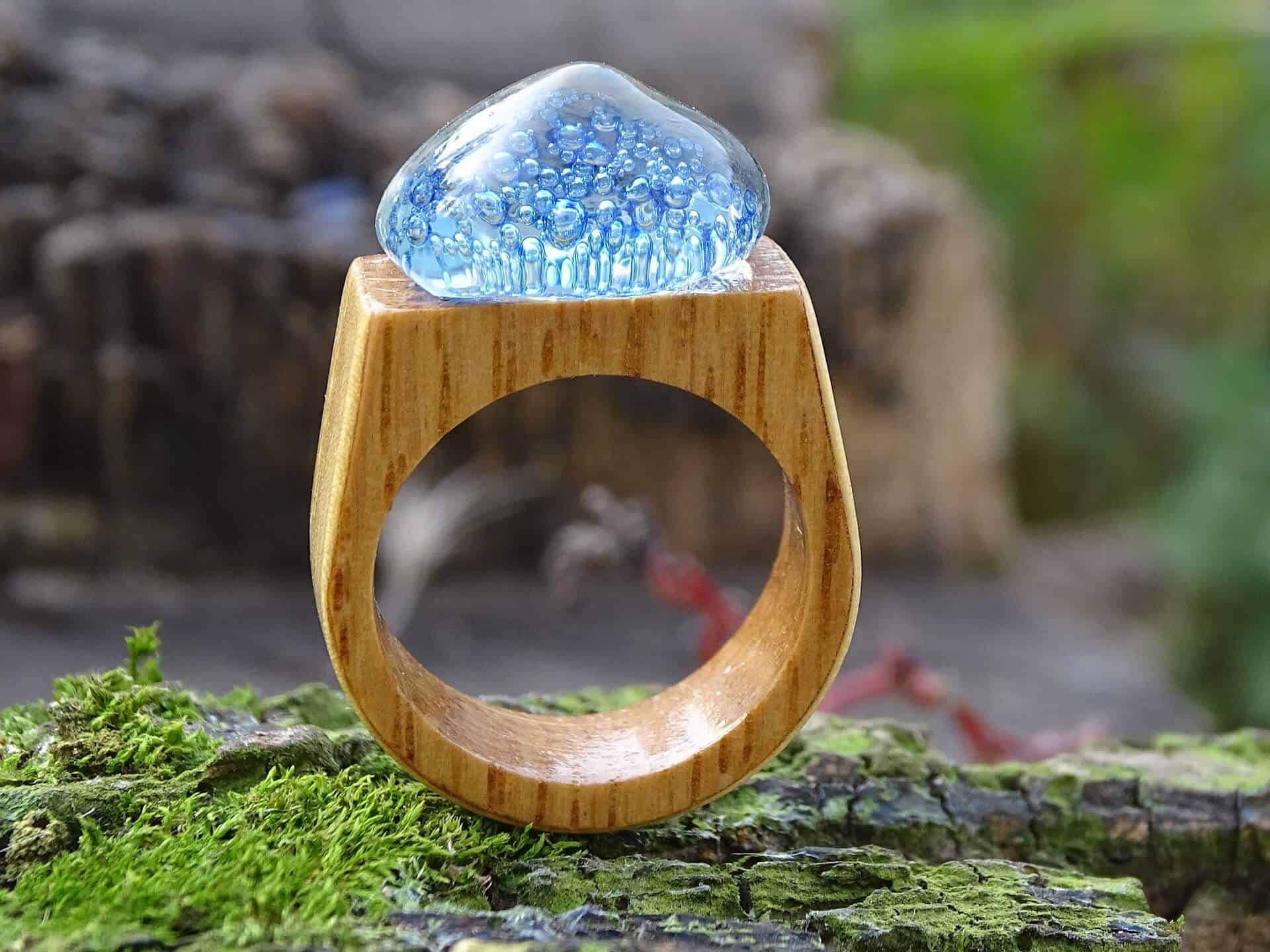 wood and glass engagement ring