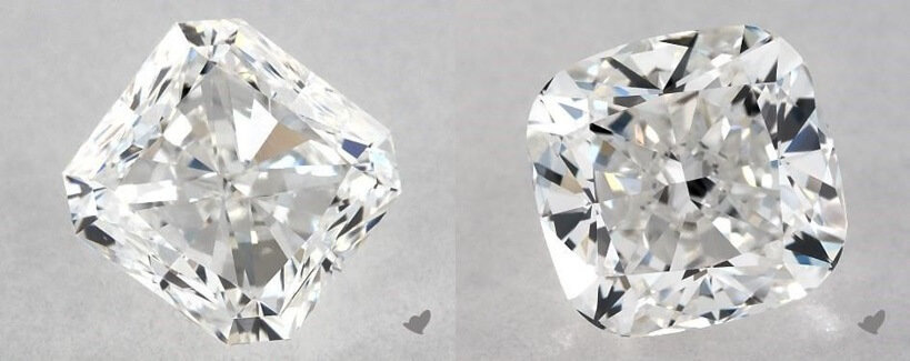 Cushion vs Radiant cut diamond side by side