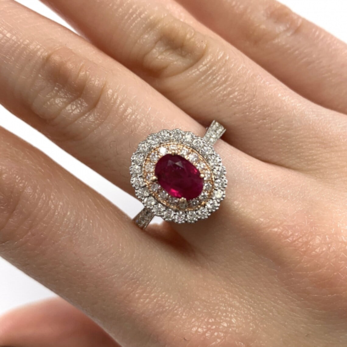 Burmese Ruby Oval 1.21 Carat Double Halo Ring