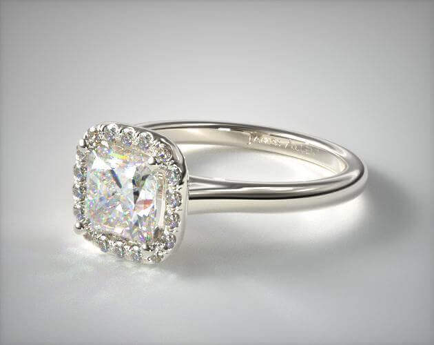 Radiant shape diamond in halo setting engagement ring