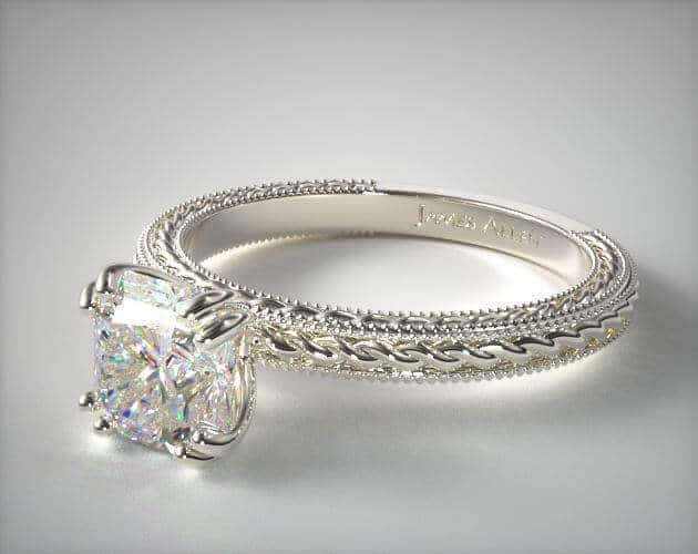 Radiant shape diamond in prong setting engagement ring