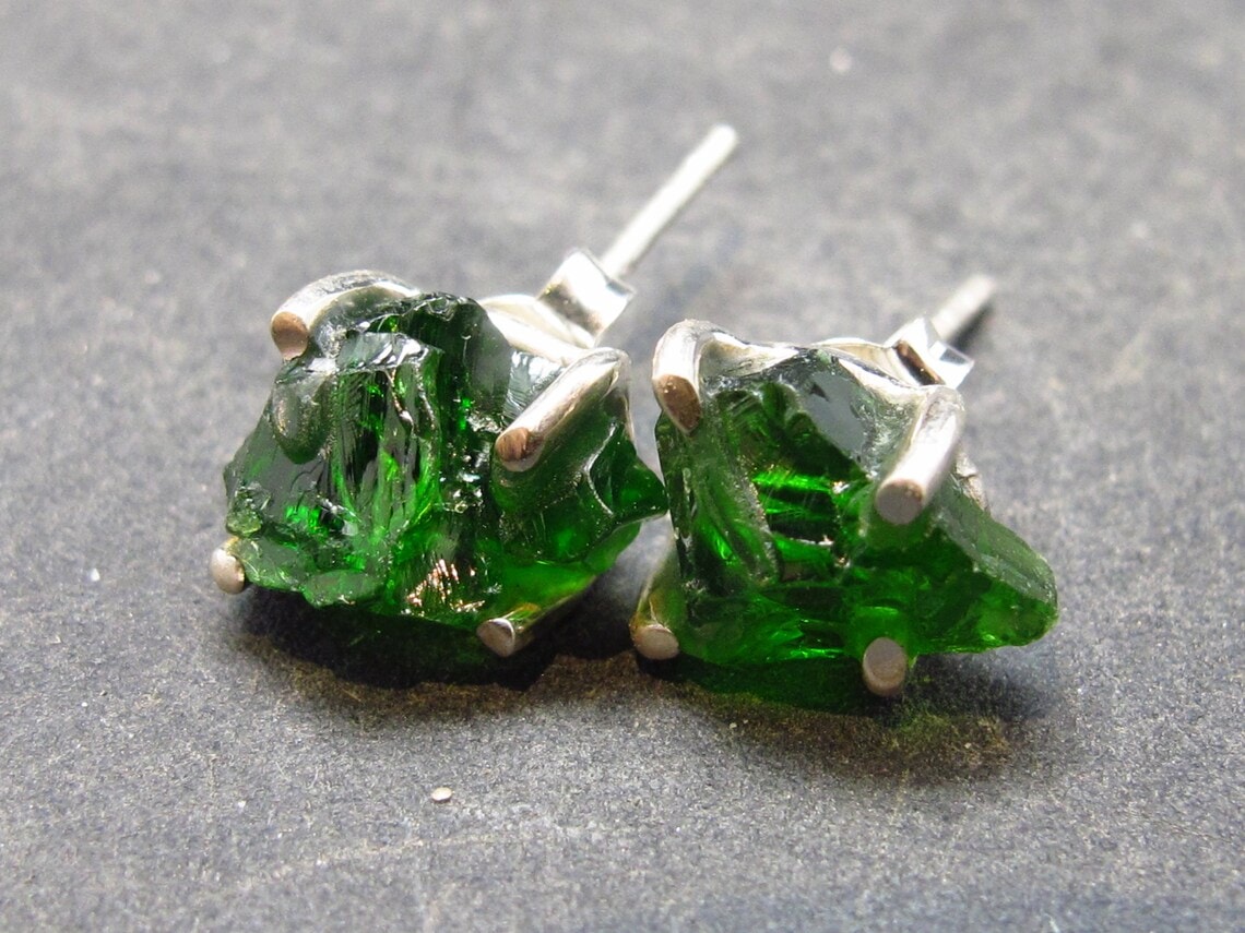 Natural Intense Raw Forest Green Chrome Diopside Silver Stud Earrings
