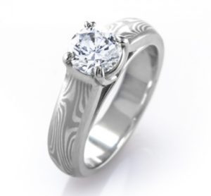Mokume Gane diamond engagement ring
