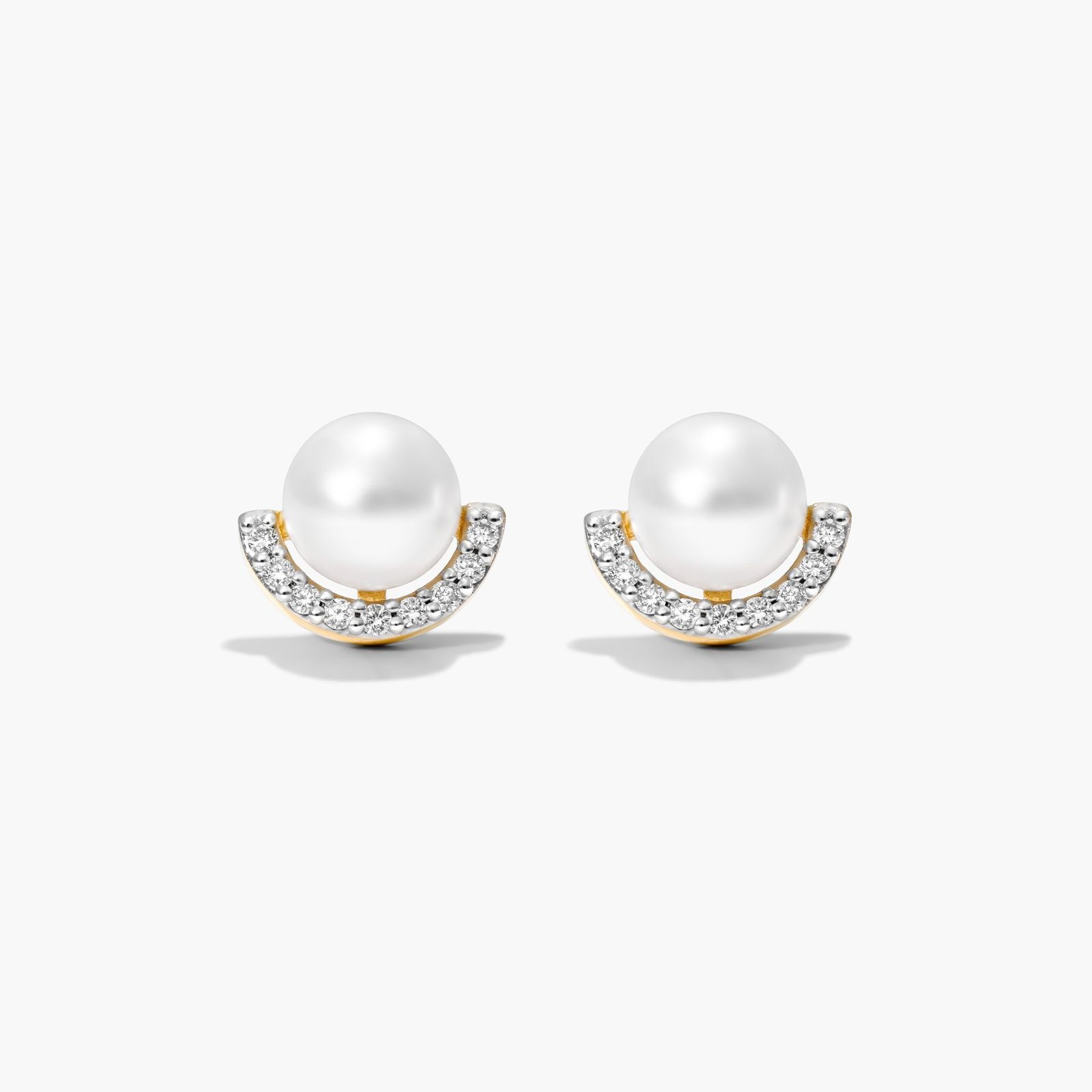 14K Yellow Gold Akoya Cultured Pearl Half Moon Diamond Stud Earrings