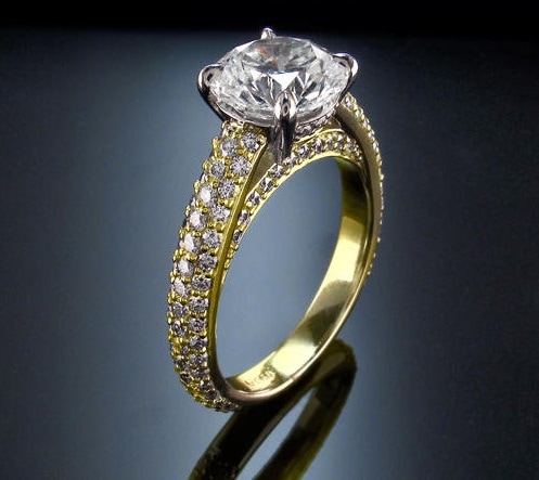 yellow gold engagement ring micro pave band