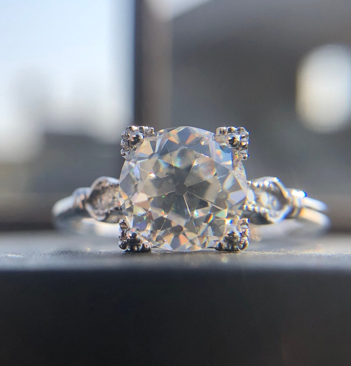 Unique Old Mine Cut Diamond Ring, Art Deco Moissanite Engagement Ring