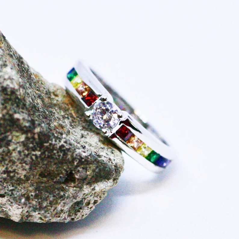 Rainbow Engagement Ring Silver