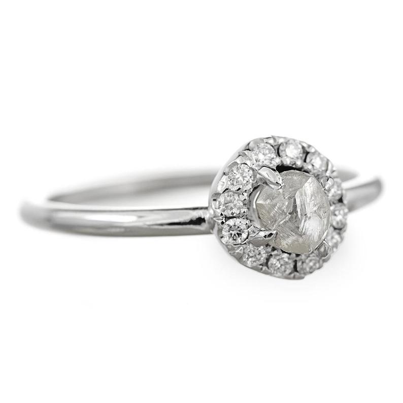 Halo raw diamond engagement ring