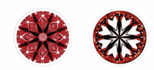 hearts and arrows pattern on a round shape diamond