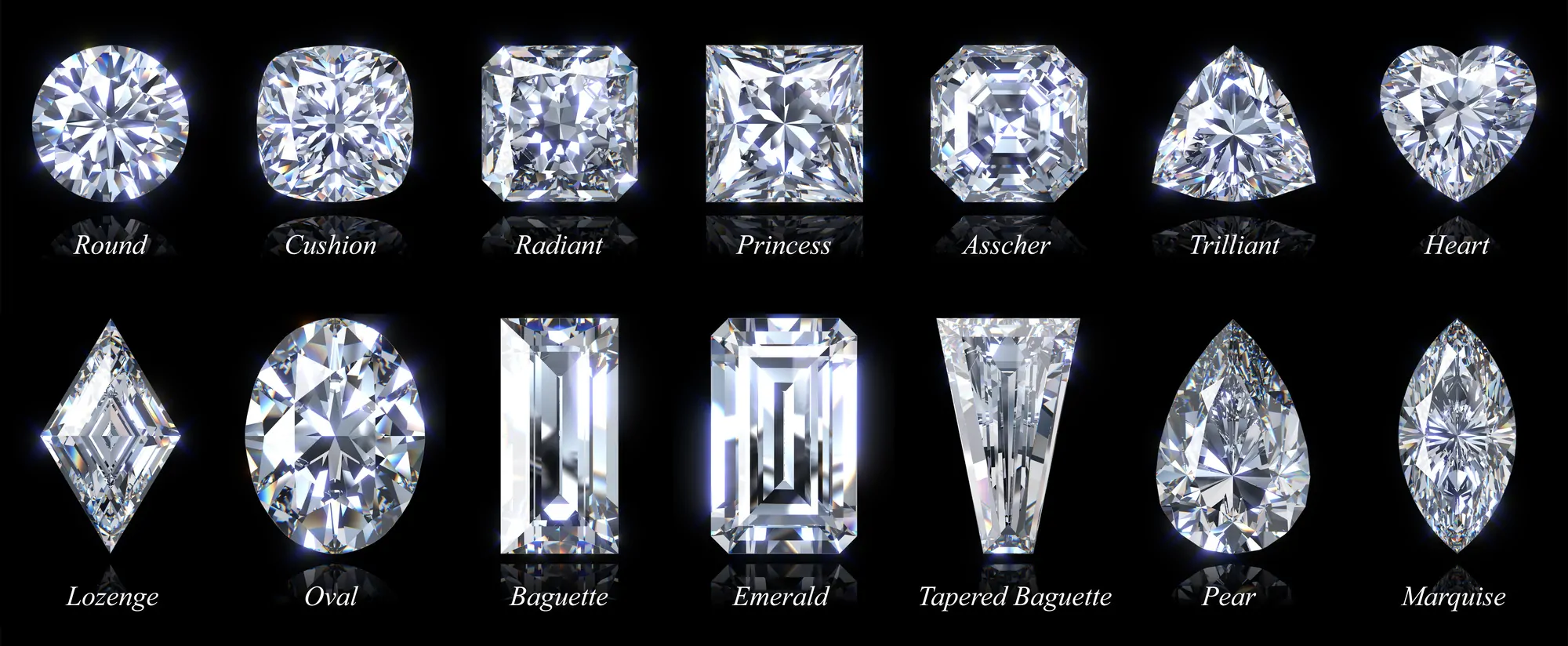 Fourteen popular diamond shapes with titles isolated on black background. 3D illustration