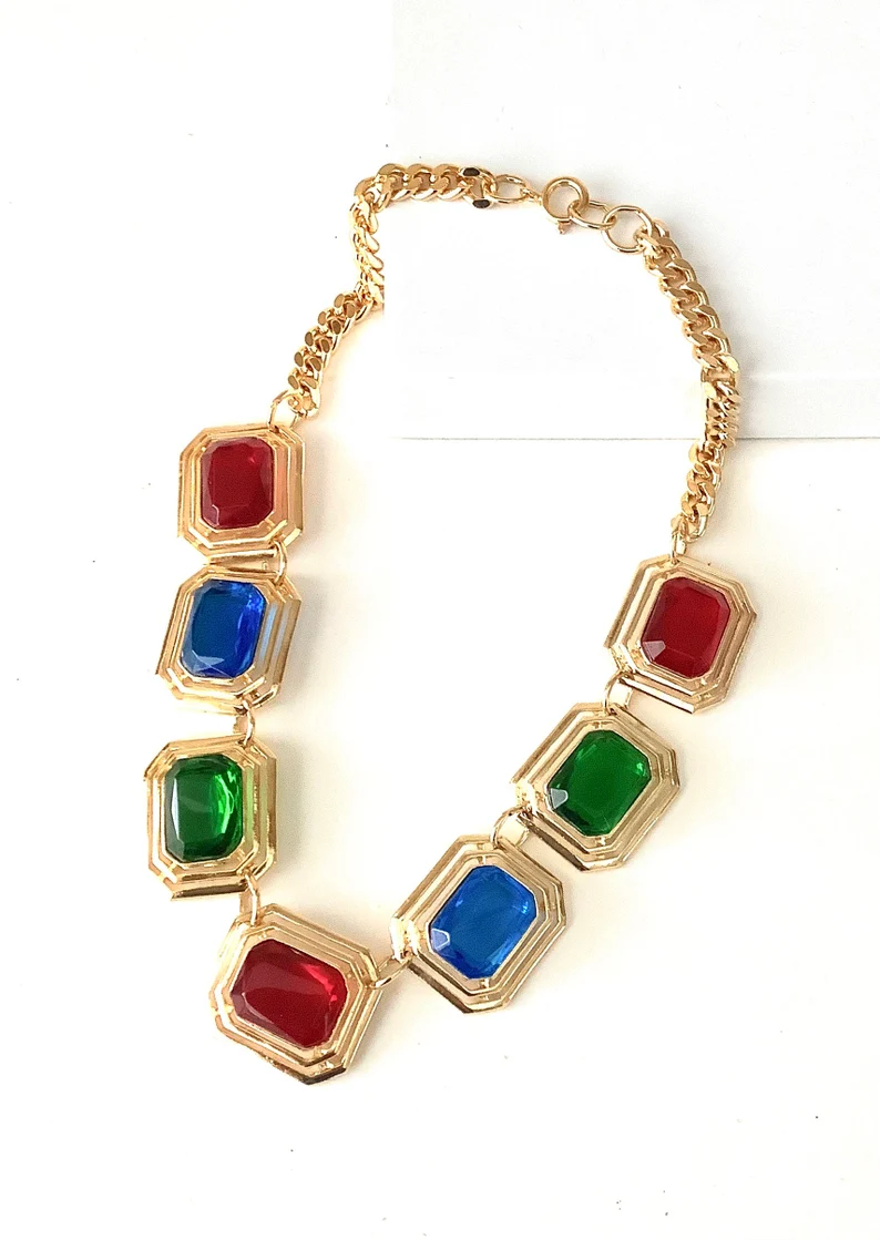 Vintage 80s Square Jewelled Statement Necklace