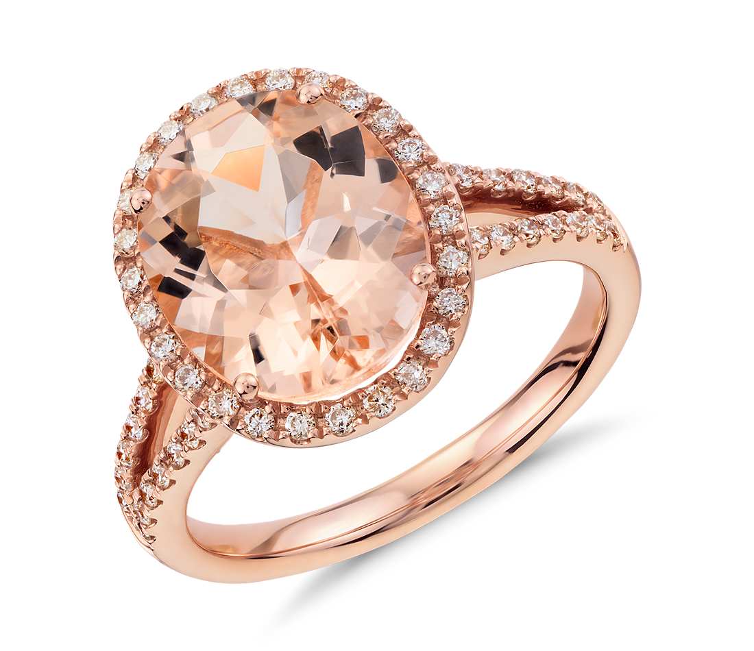 Morganite ring with halo in rose gold setting
