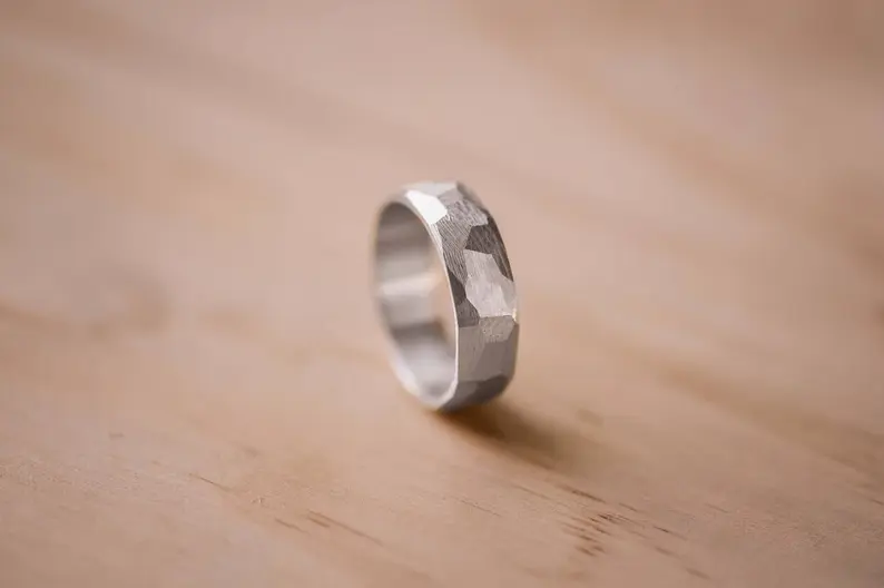 Faceted Argentium Silver Ring with Straight Line Texture