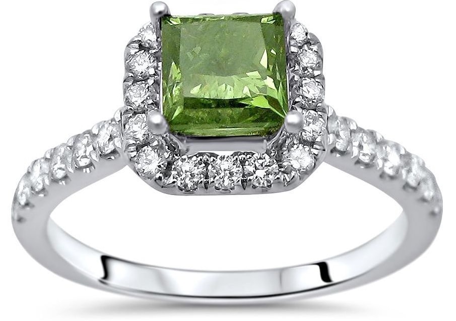Green demantoid garnet ring with diamonds