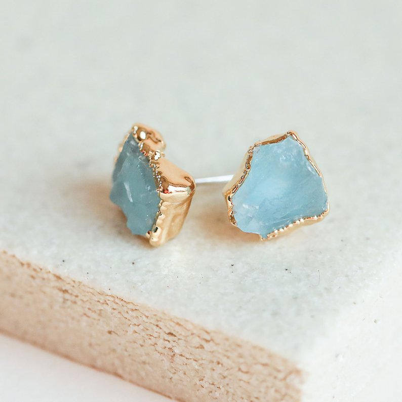 aquamarine raw stud earrings