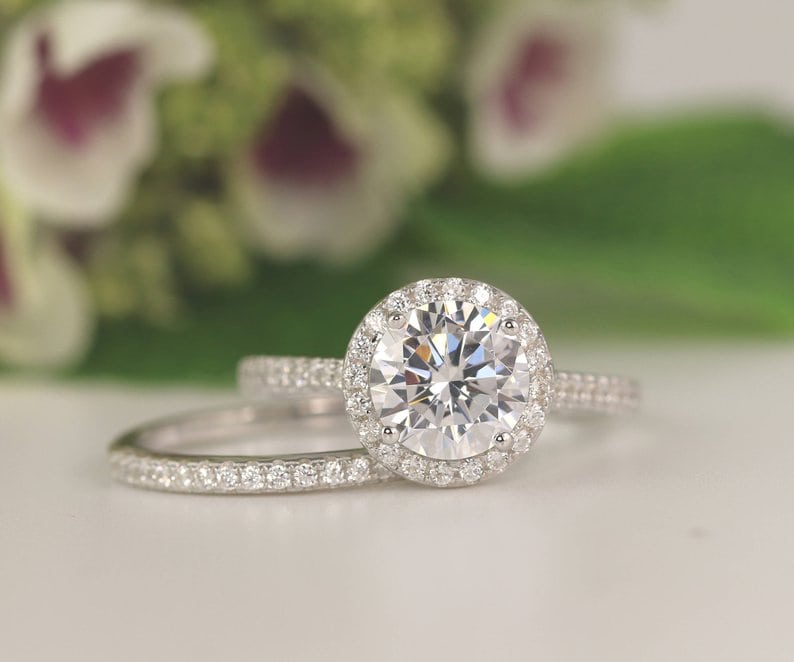 halo engagement ring with cubic zirconia instead of diamond