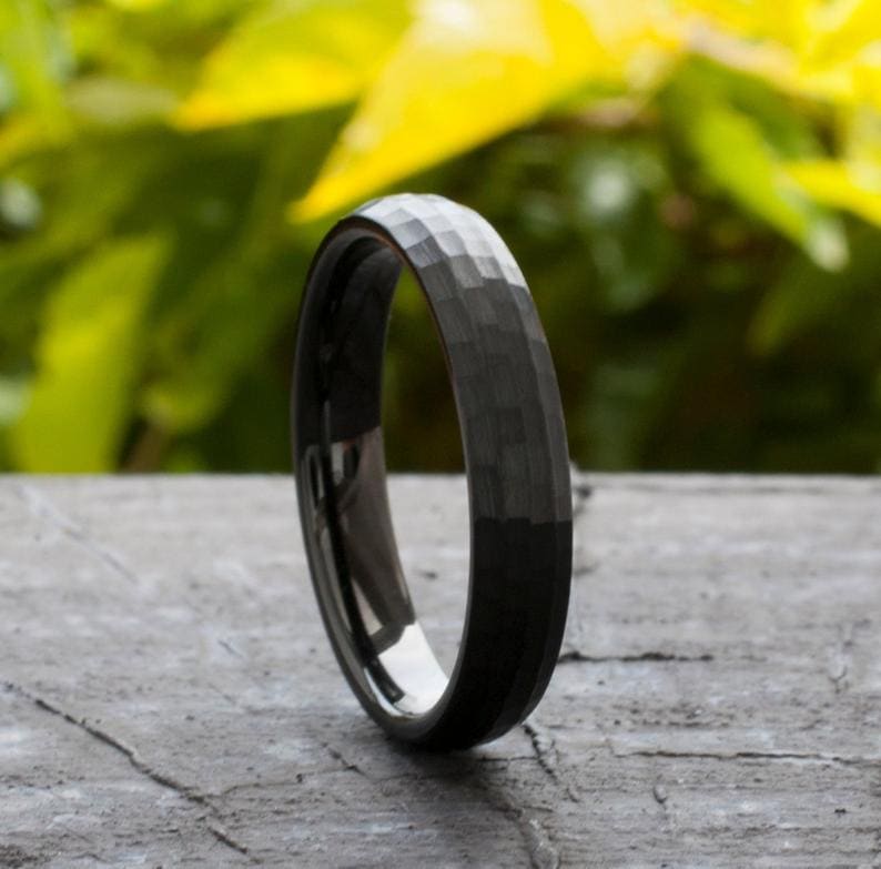 Hammered black tungsten ring