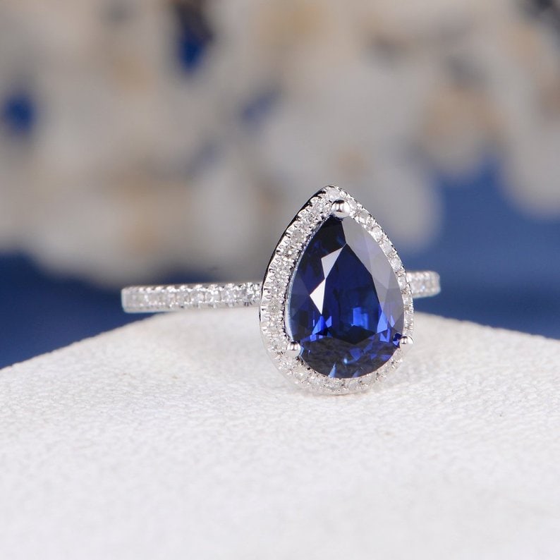 Blue lab-created sapphire ring in pear shape