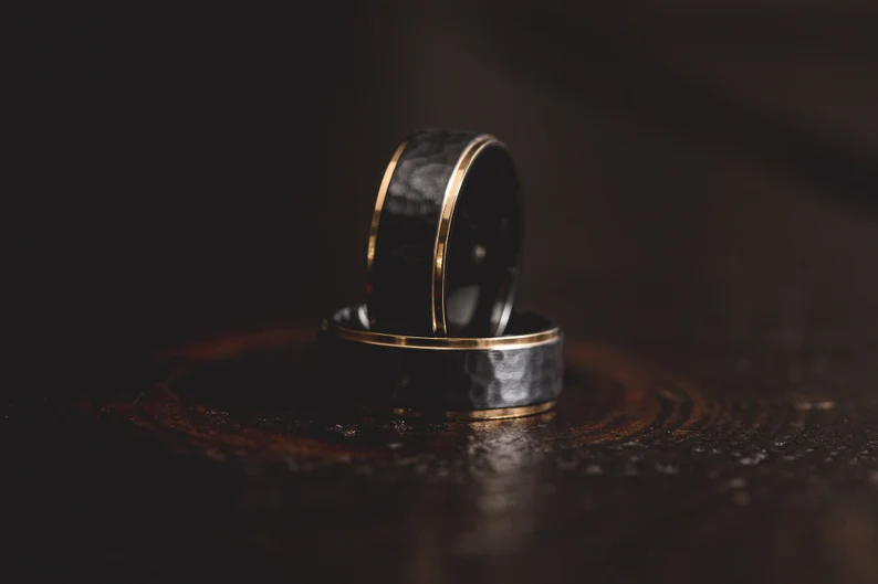 Hammered Black/Yellow Gold Black Zirconium Wedding Ring
