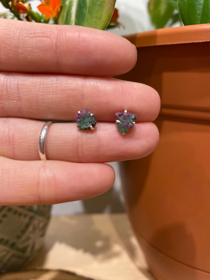 Rough Ruby Zoisite Sterling Silver Stud Earring