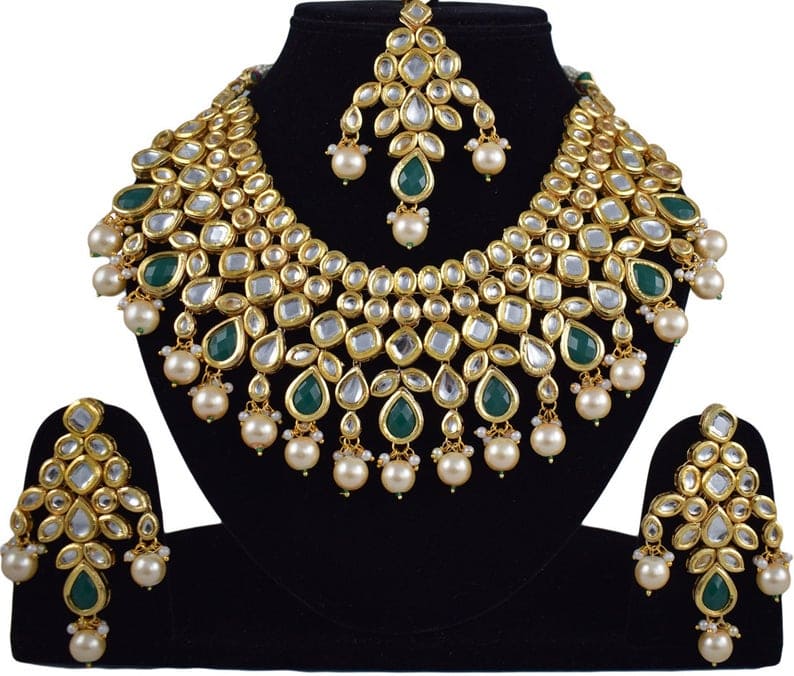 Gold plated kundan necklace set, Indian jewelry