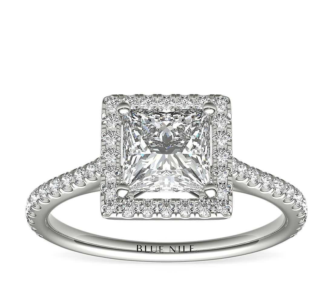Halo setting princess cut diamond engagement ring in white gold