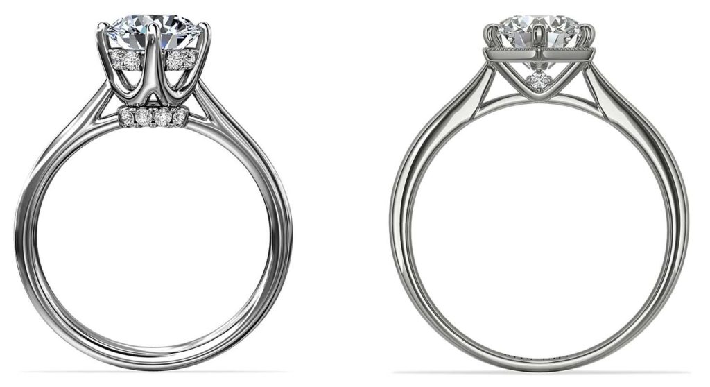 high setting vs low setting engagement ring side by side