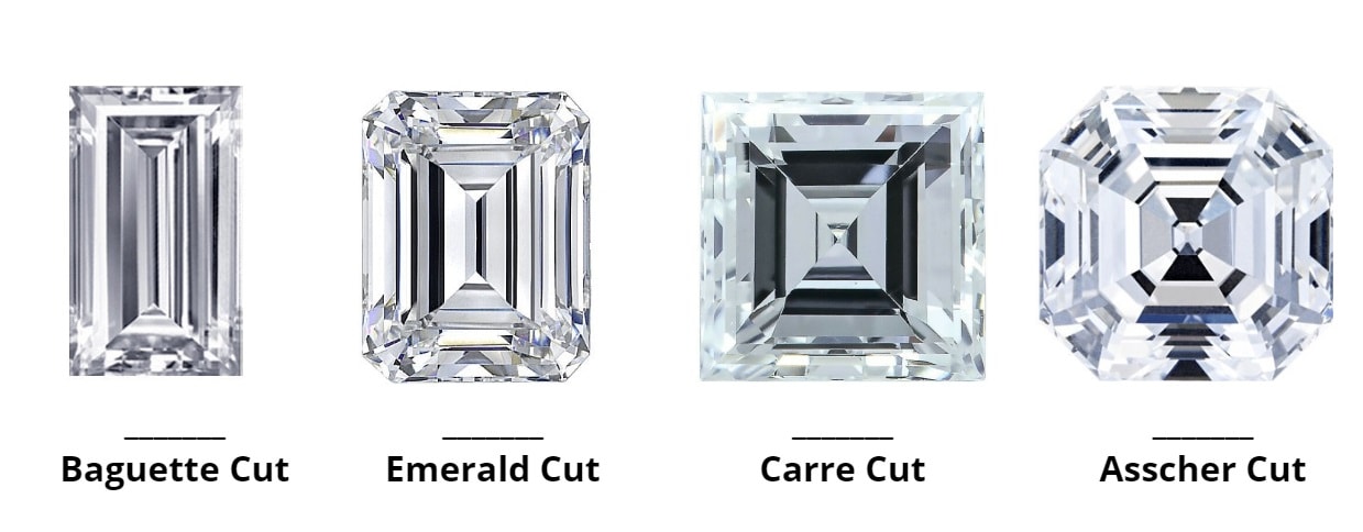 Step cut diamonds (Bagutte, Emerald, Carre, and Asscher cut)