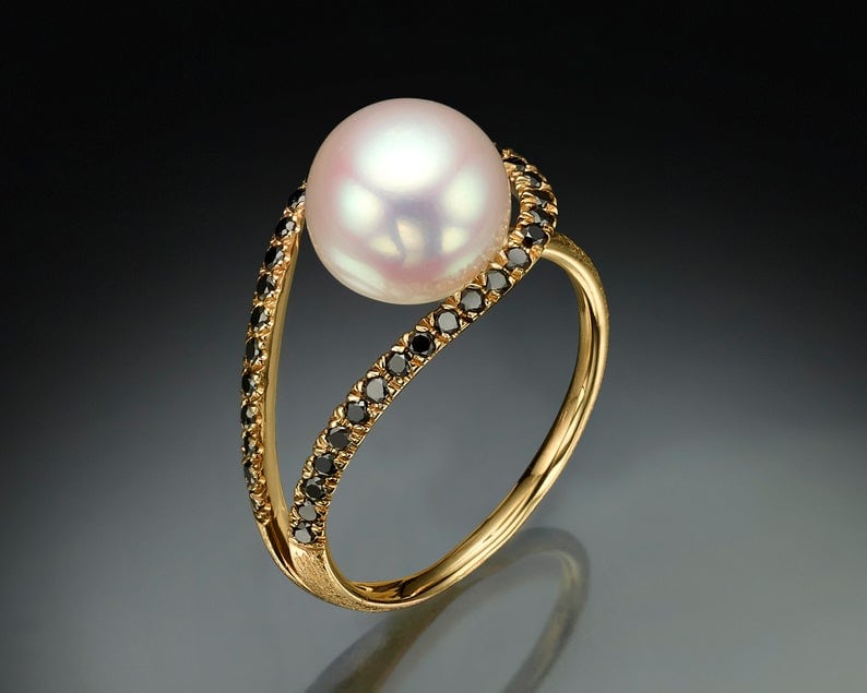 Pearl and Diamond Engagement Ring set in Gold with Diamonds