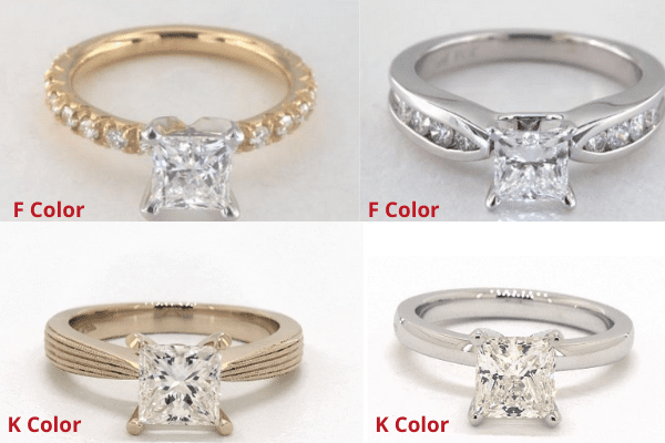 Princess cuts diamonds and metal color settings side by side