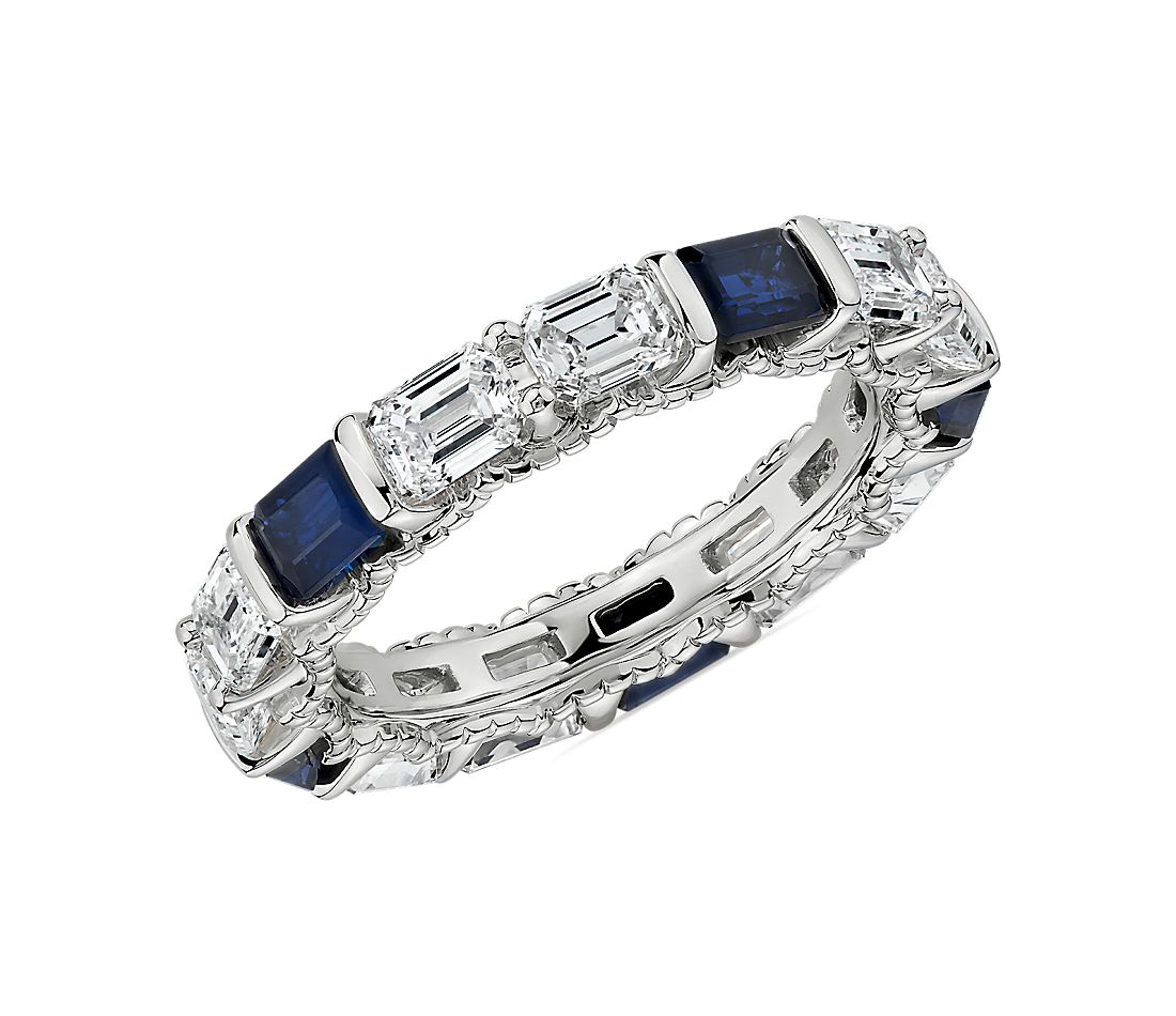 Alternating East-West Emerald Cut Diamond and Sapphire Eternity Ring