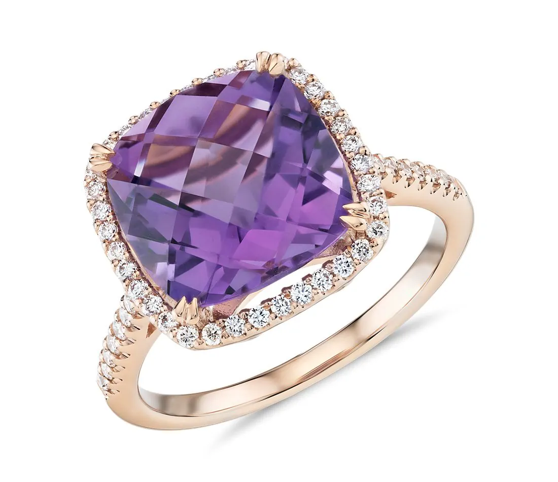 Cushion-Cut Amethyst Diamond Halo Cocktail Ring