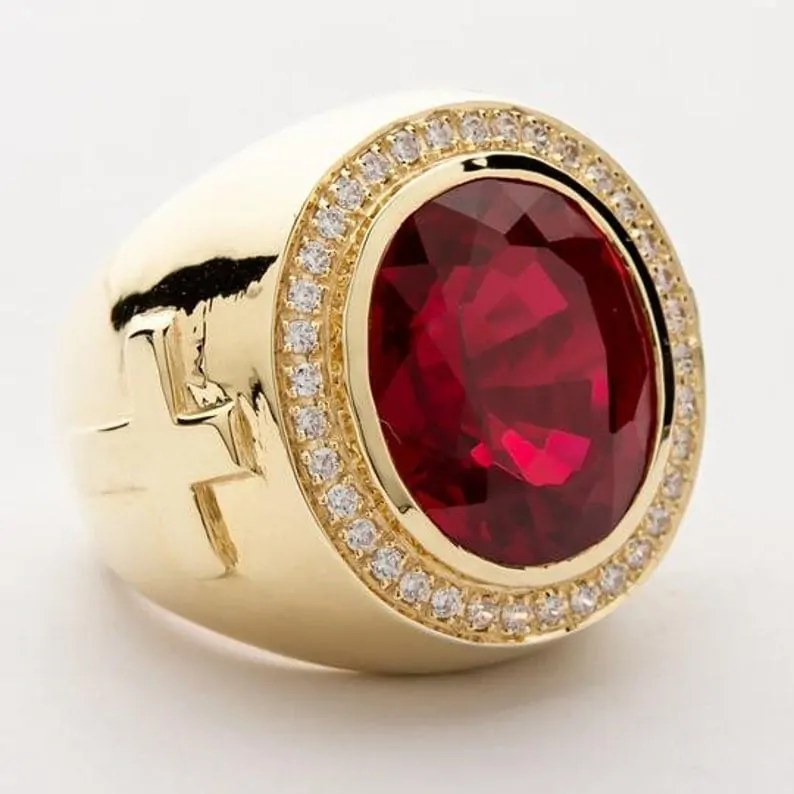 Red Ruby Yellow Gold Men's Bishop Ring