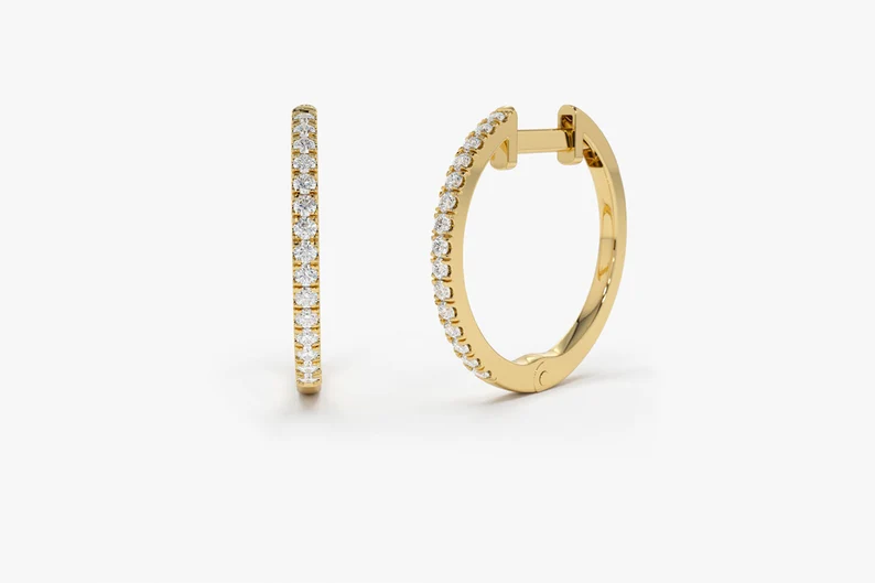 14k Solid Gold Diamond Hoop Earrings
