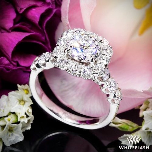 halo diamonds around large sparkling diamond in ring setting
