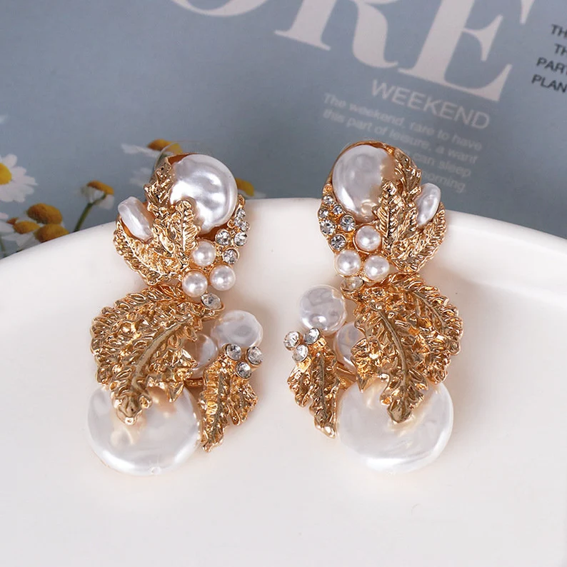 Gold Leaf and Pearl Earrings