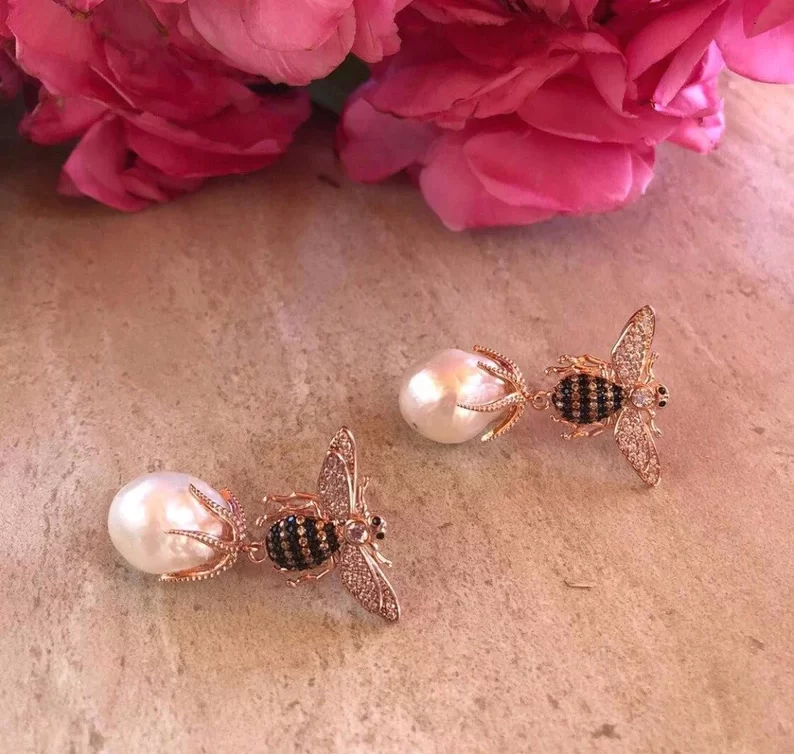 Honey bee baroque pearl earrings