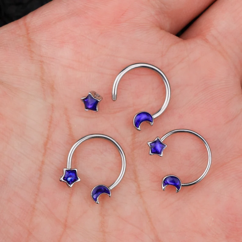 Moon and star circular barbell earrings