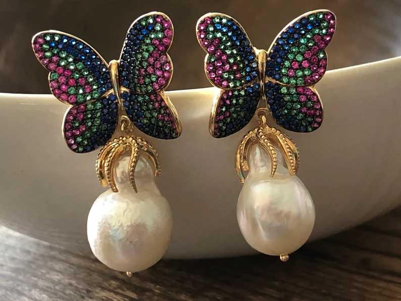 Multi-color butterfly baroque pearl earrings