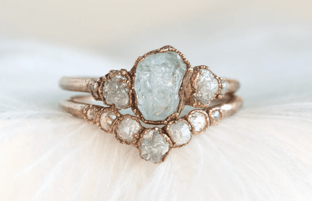 raw diamond engagement and wedding rings