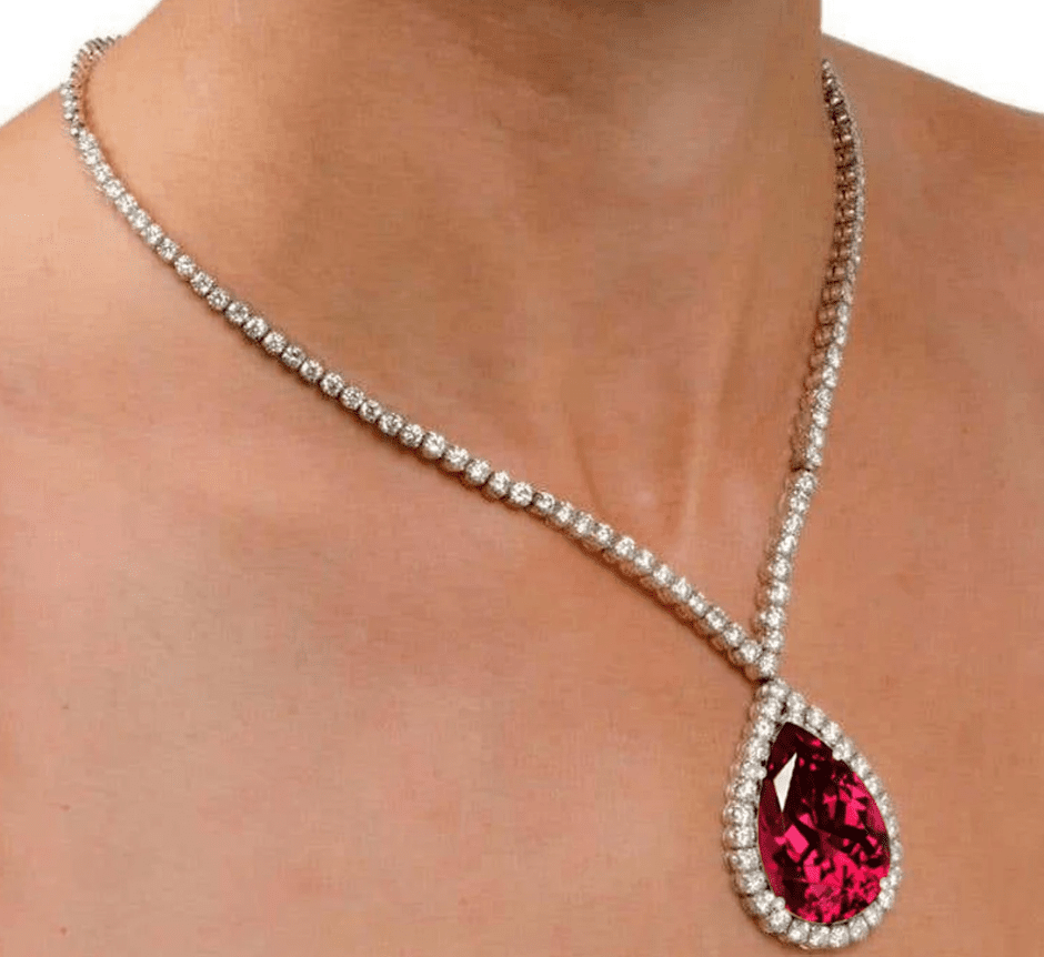 rubellite pendant in diamond setting 