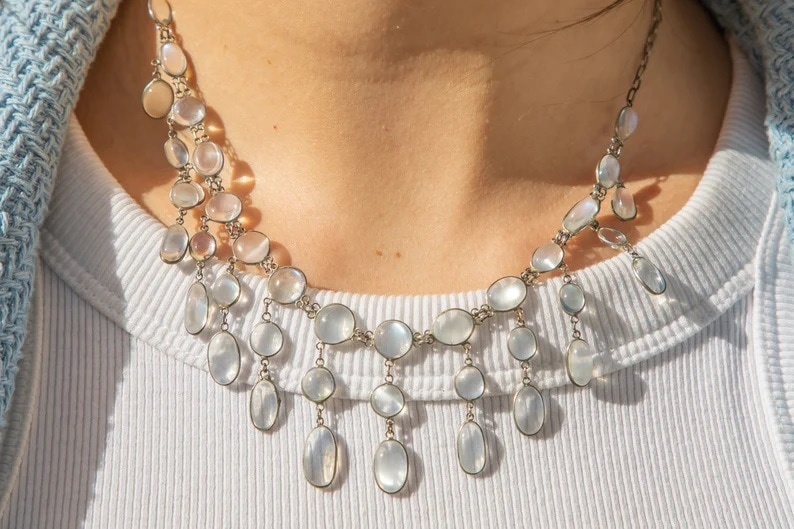 silver moonstone fringe necklace