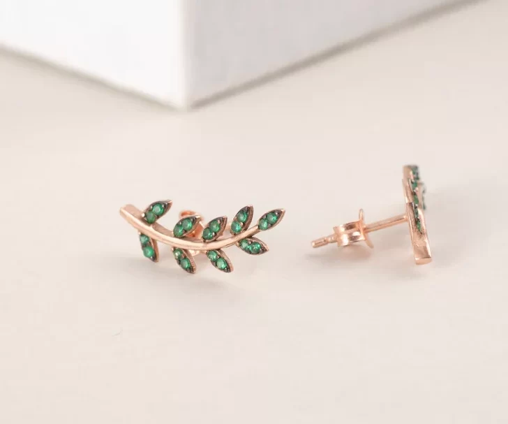 Emerald olive leaf earrings