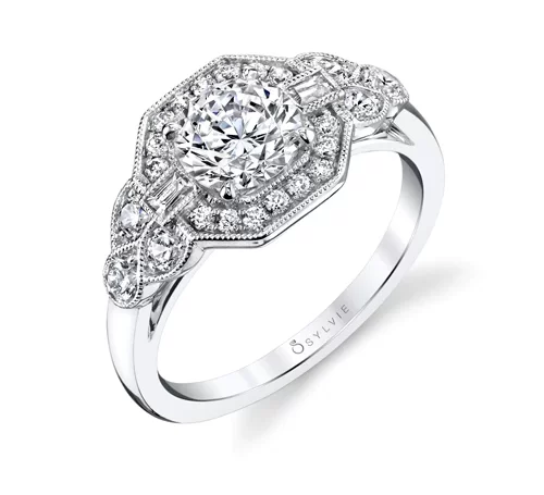 halo and baguette diamond ring
