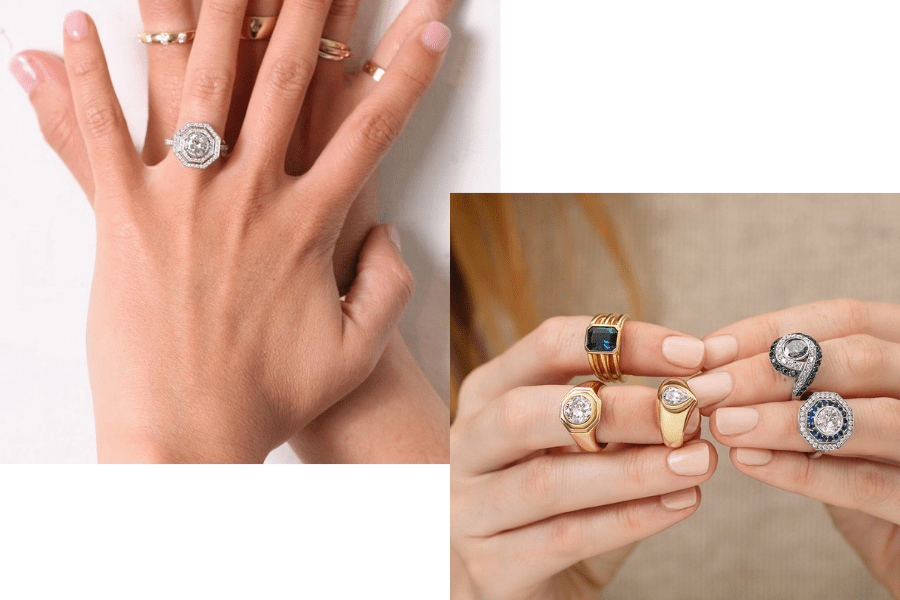 two images with engagement rings