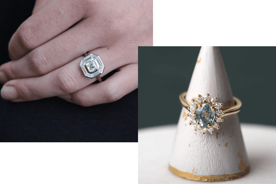 engagement ring on finger and stand
