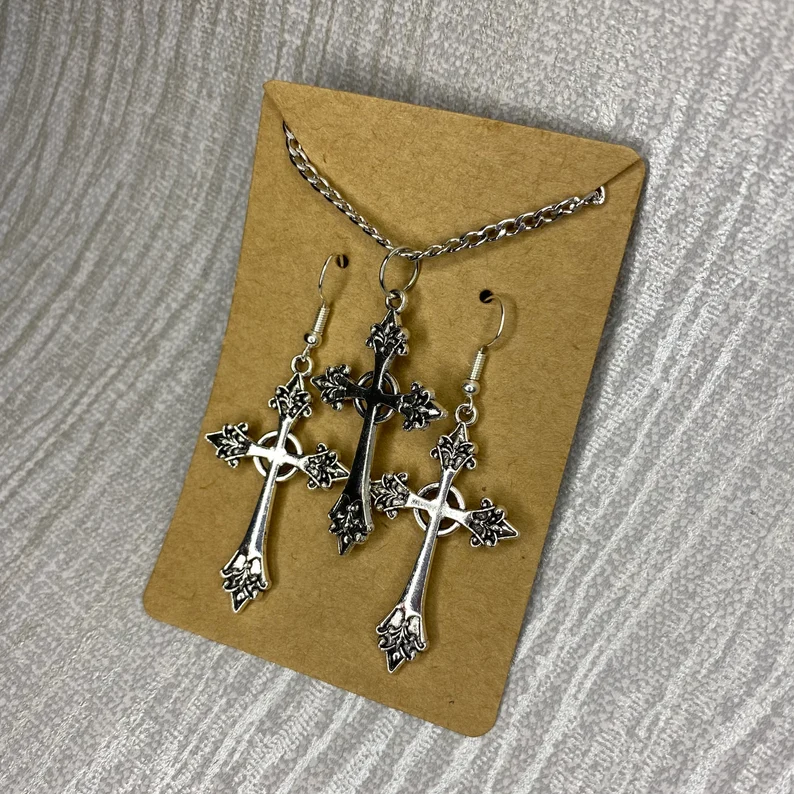 gothic cross necklace earrings set