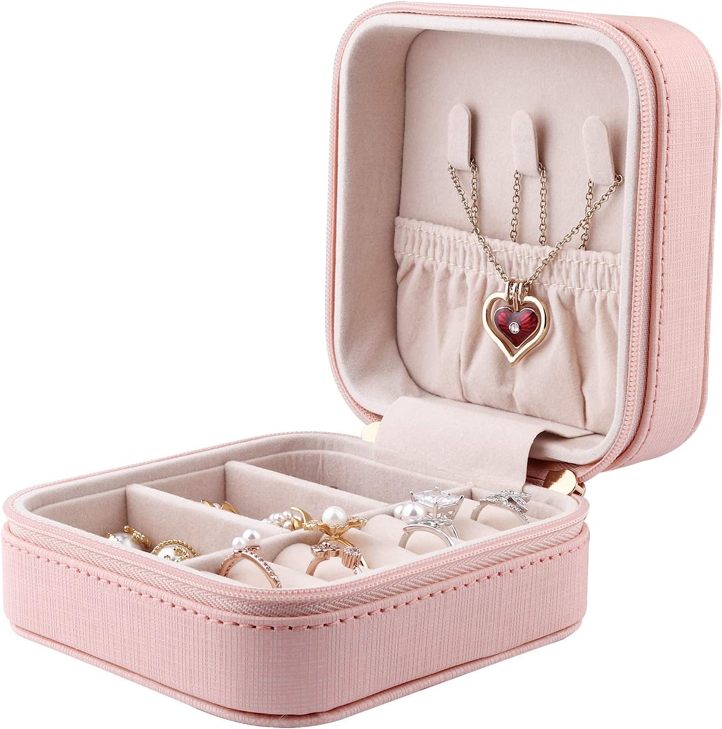 pink jewelry box with jewelry